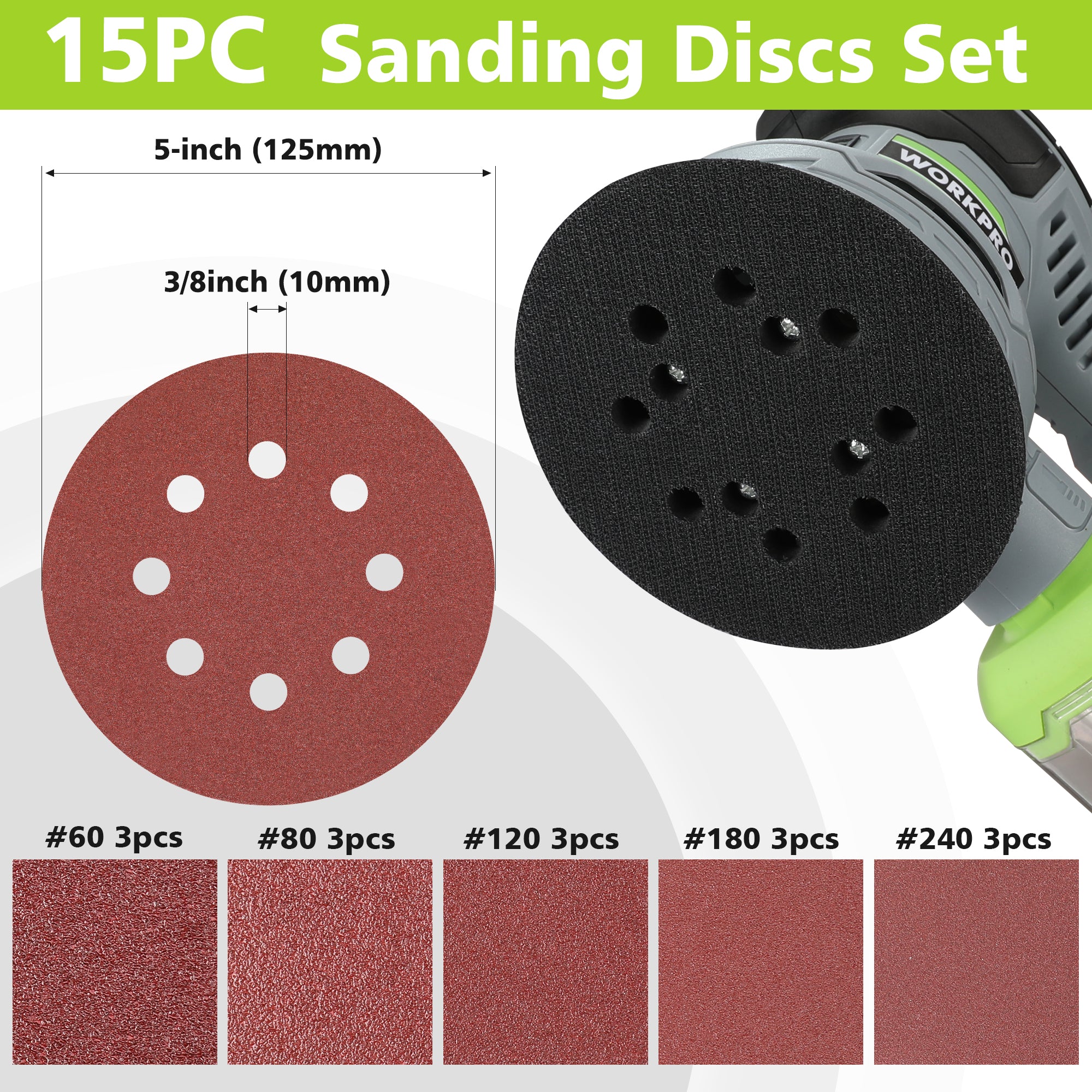 Set of 5-inch sanding discs for random orbit sander, red and black abrasive pads