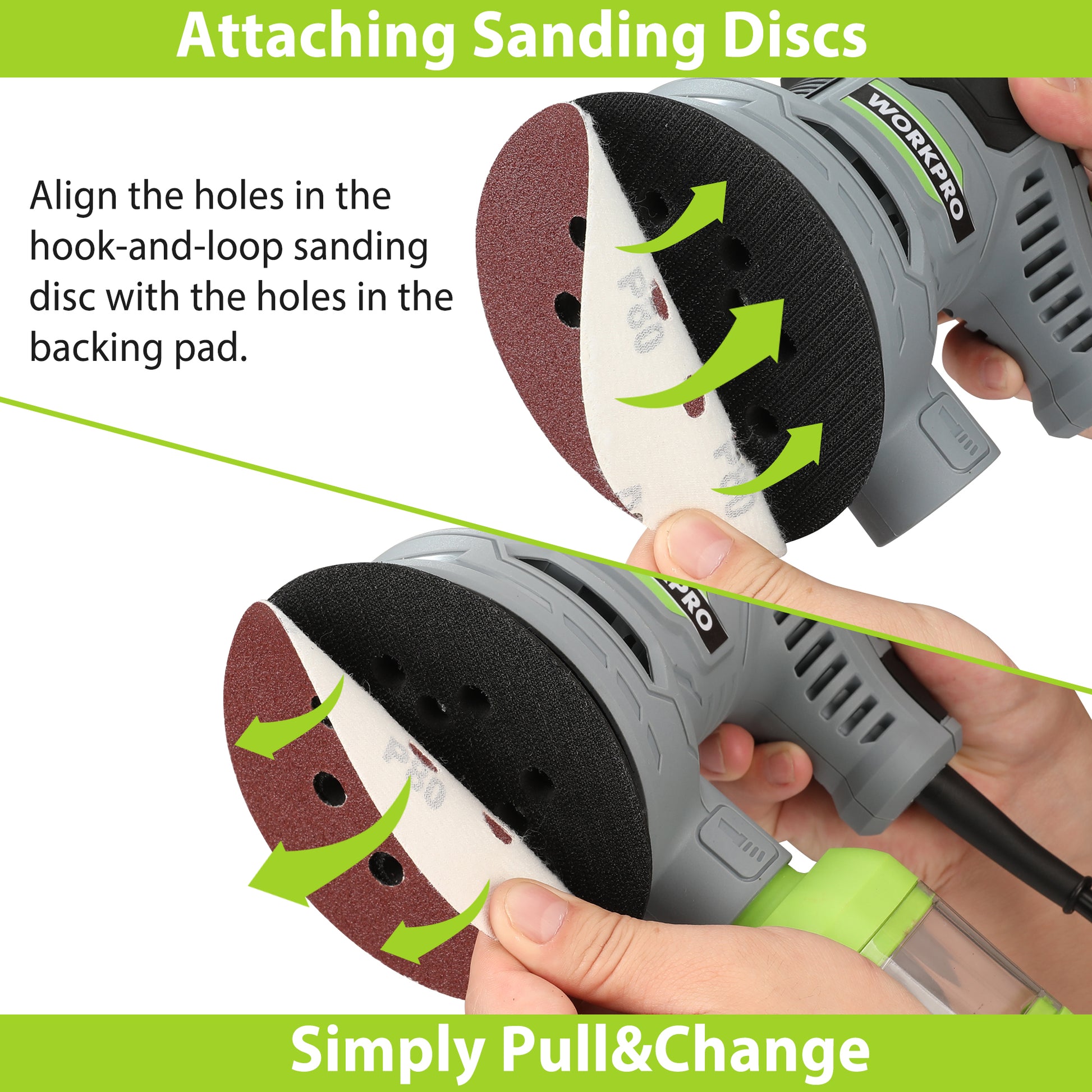 Random orbit sander showing sanding disc attachment on hook-and-loop pad
