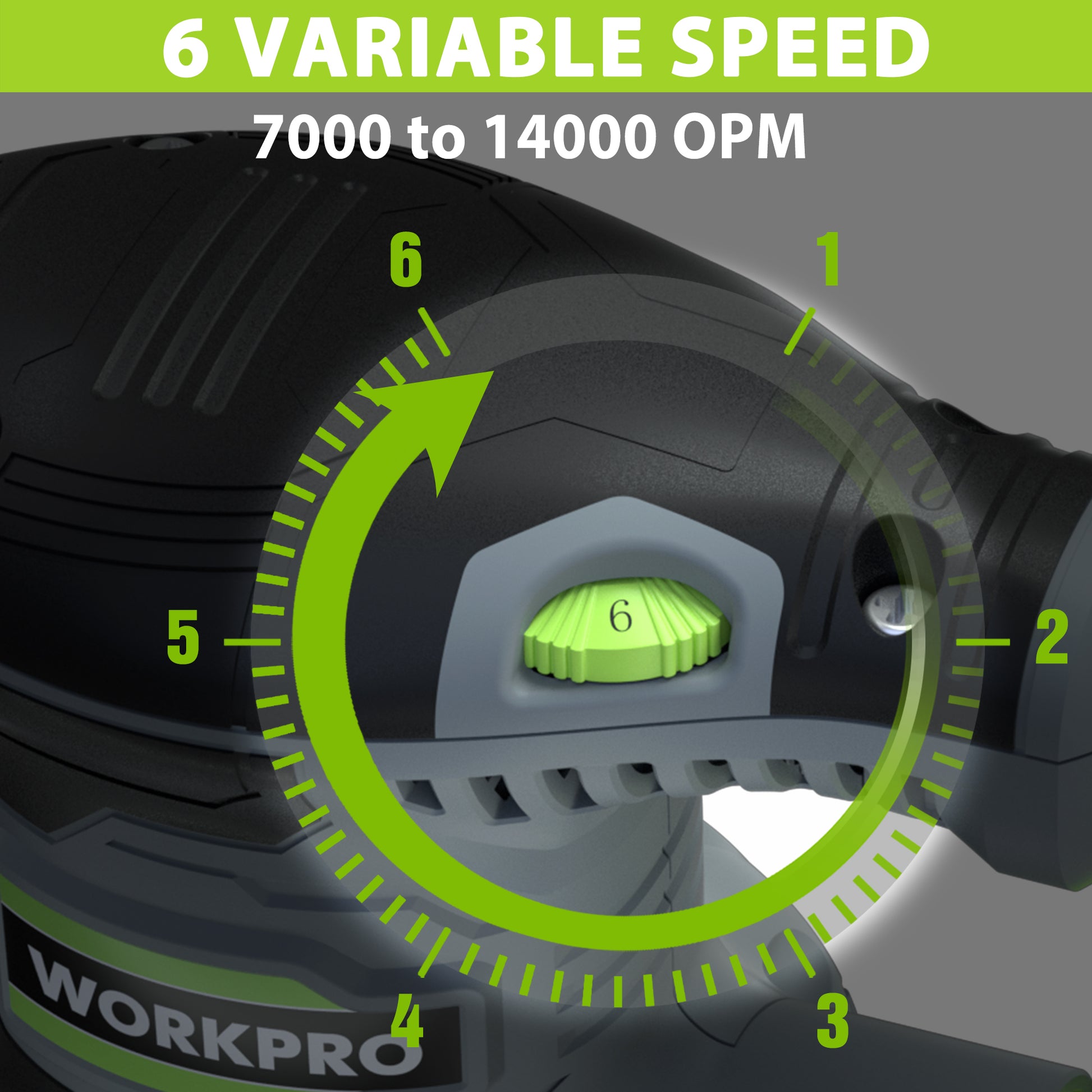 Random orbit sander variable speed dial with numbered settings on the body