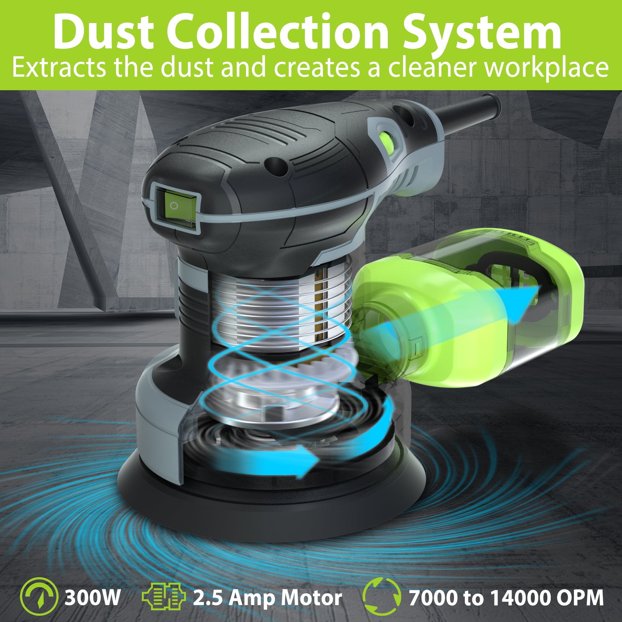 Random orbit sander with dust collection airflow from the green side dust canister