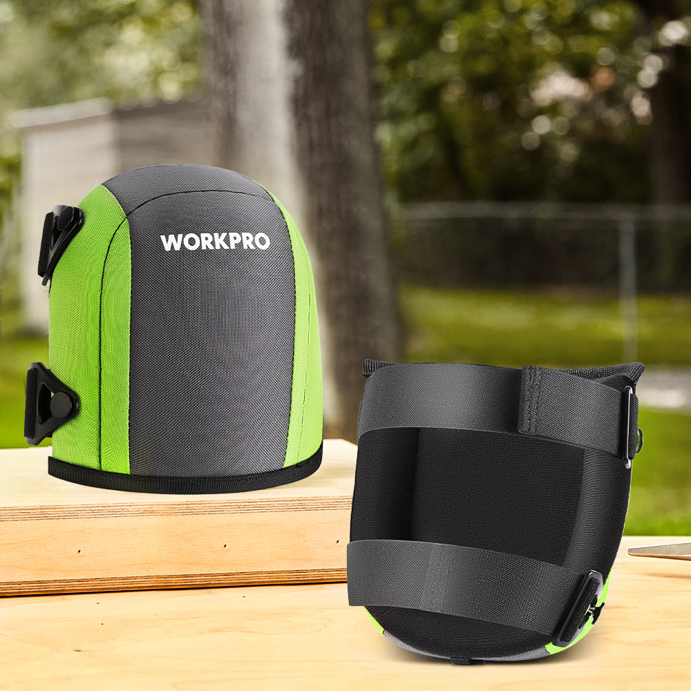 Pair of green and gray WORKPRO kneepads with foam padding and adjustable straps