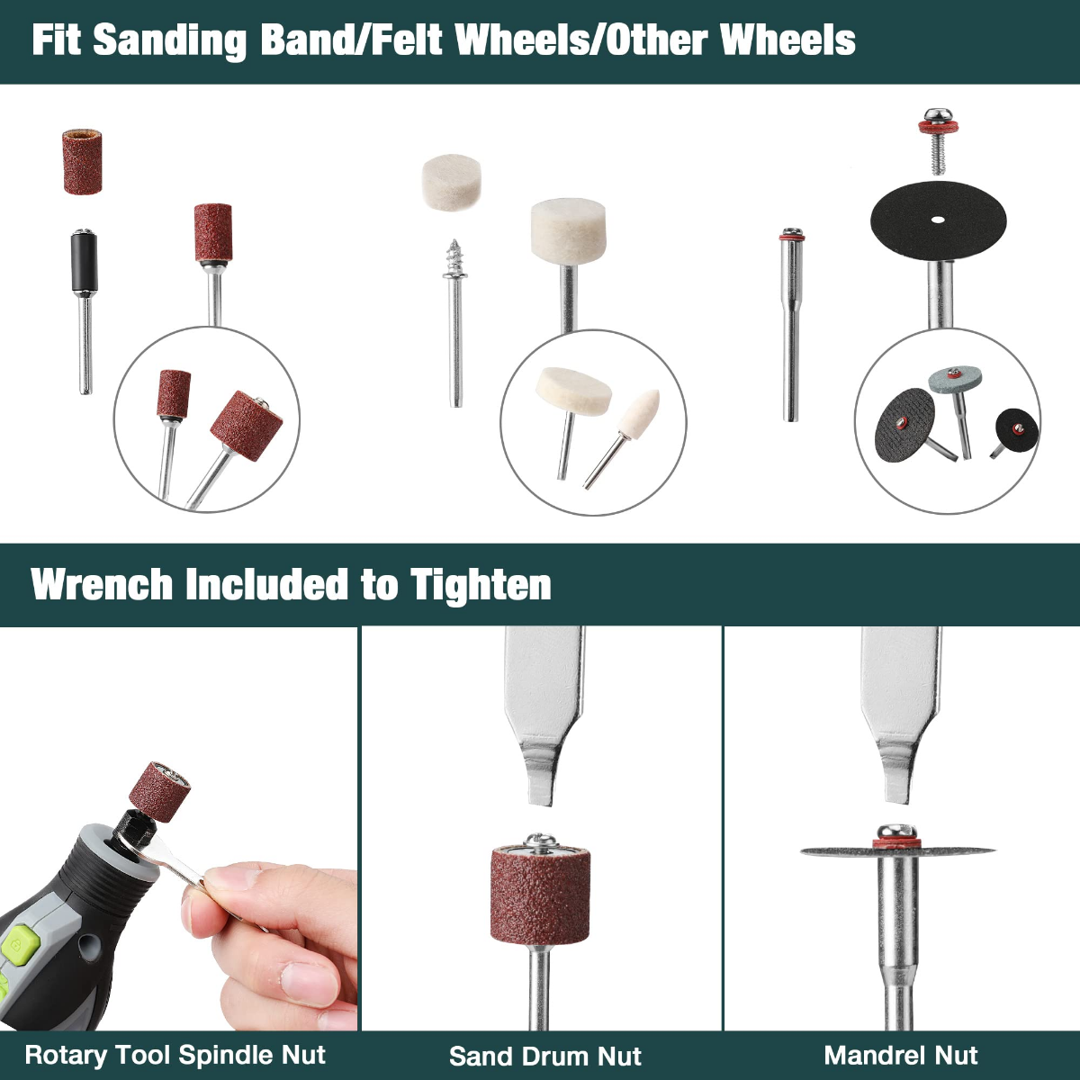 Sanding band and felt wheel set with mandrels and wrench for rotary attachments