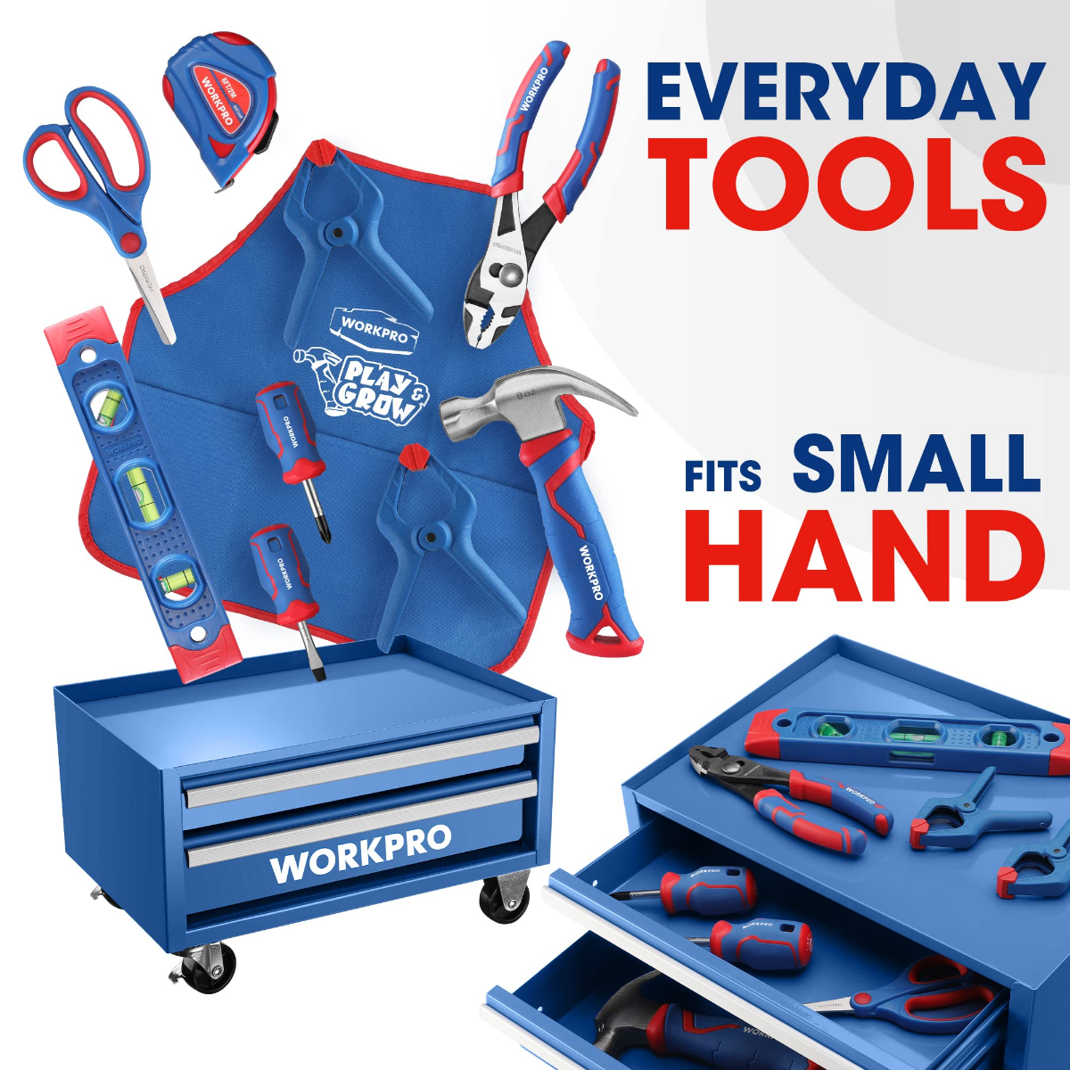 Everyday blue kids tool kit with tools organized in a rolling chest