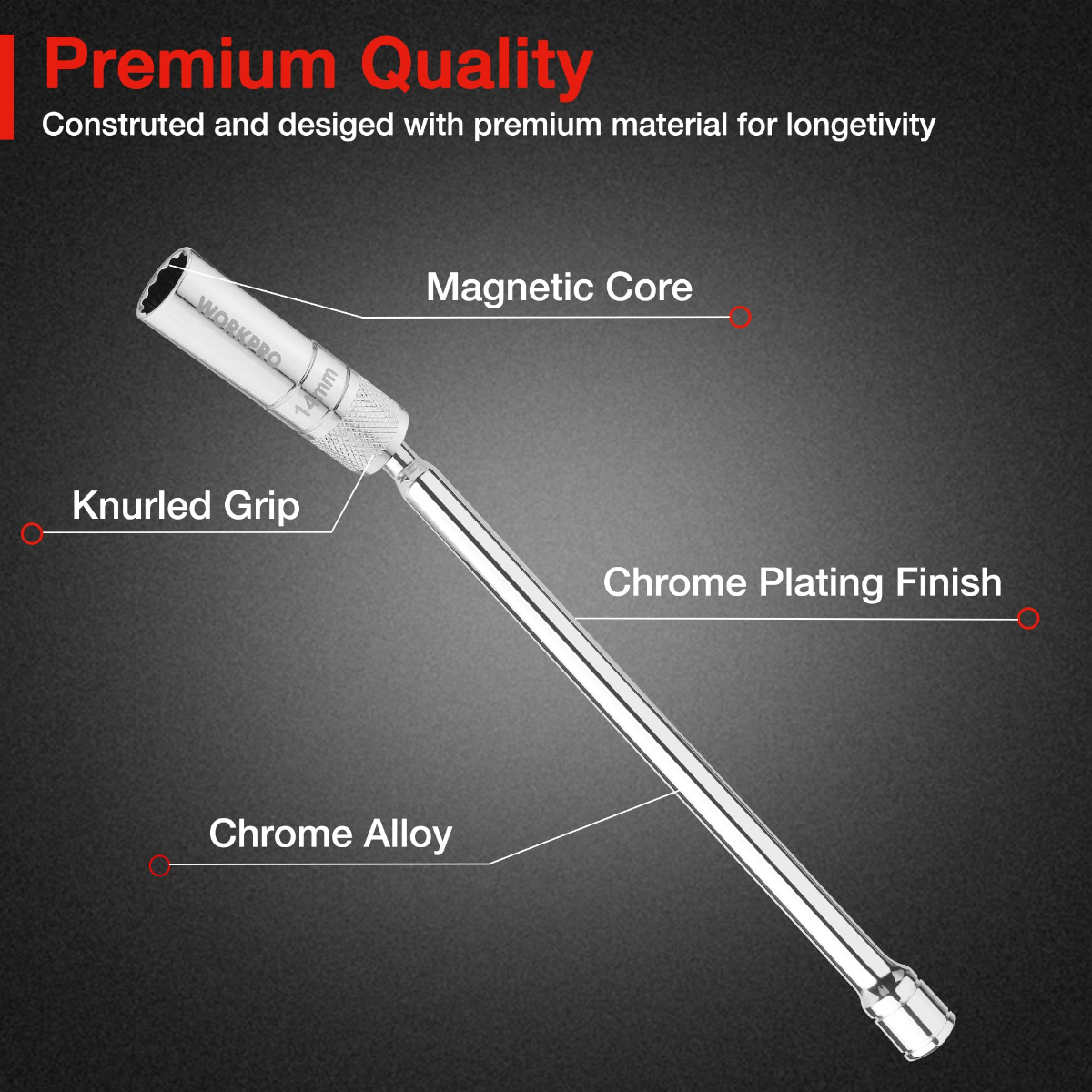 Magnetic spark plug socket with knurled grip and chrome finish, 14mm thin-wall