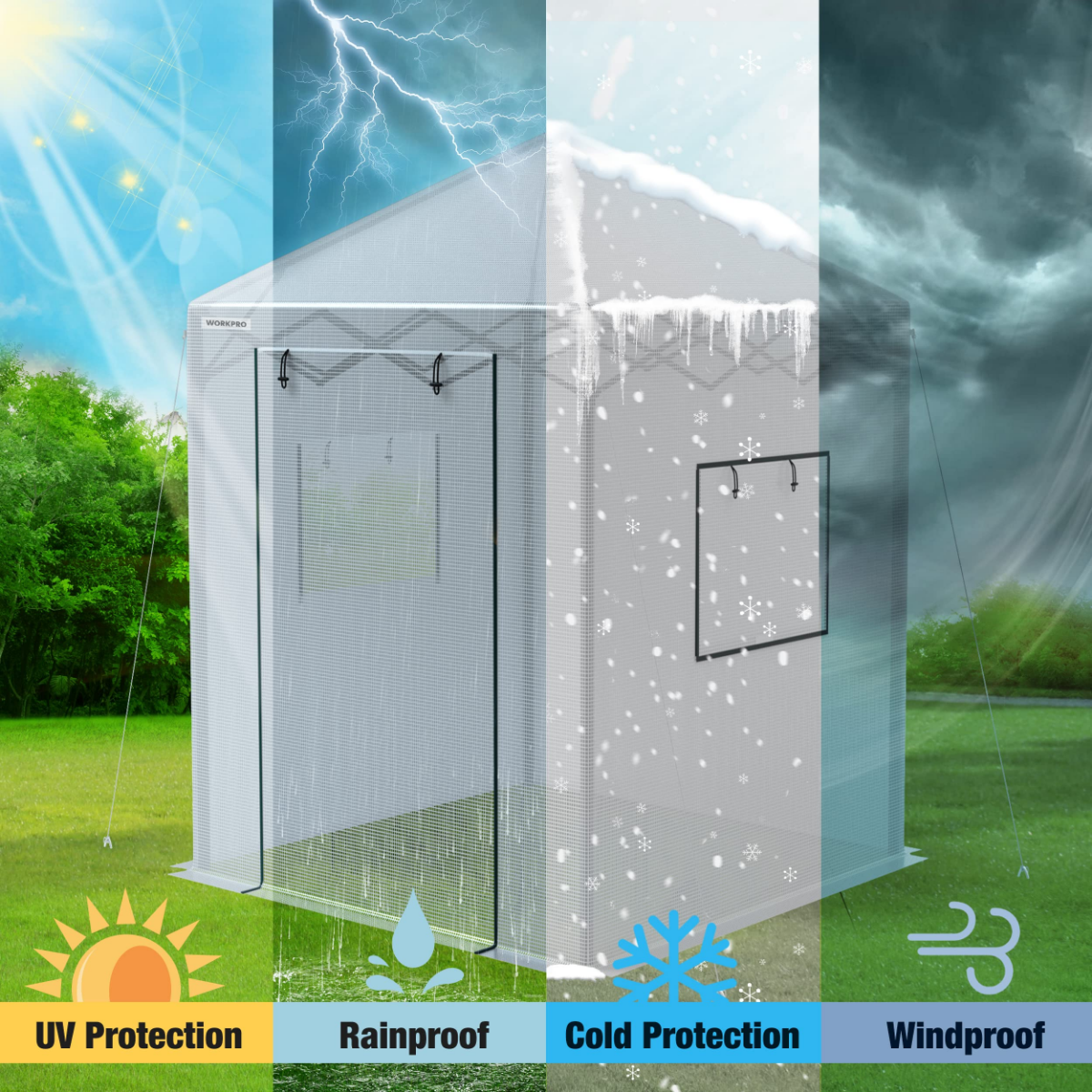 Portable walk-in greenhouse with zippered door, mesh panels, and black metal frame