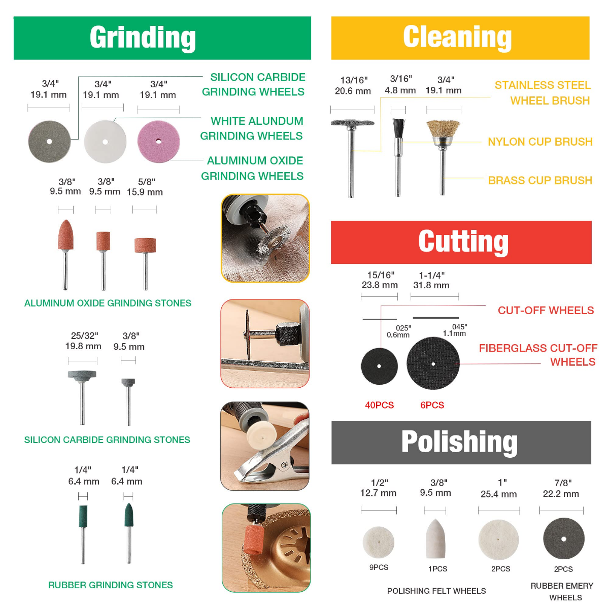 Rotary tool accessory set chart showing grinding stones, brushes, cut-off wheels and polishing