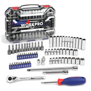 1/4-inch drive socket set kit with ratchet, extensions, and assorted metric/SAE sockets