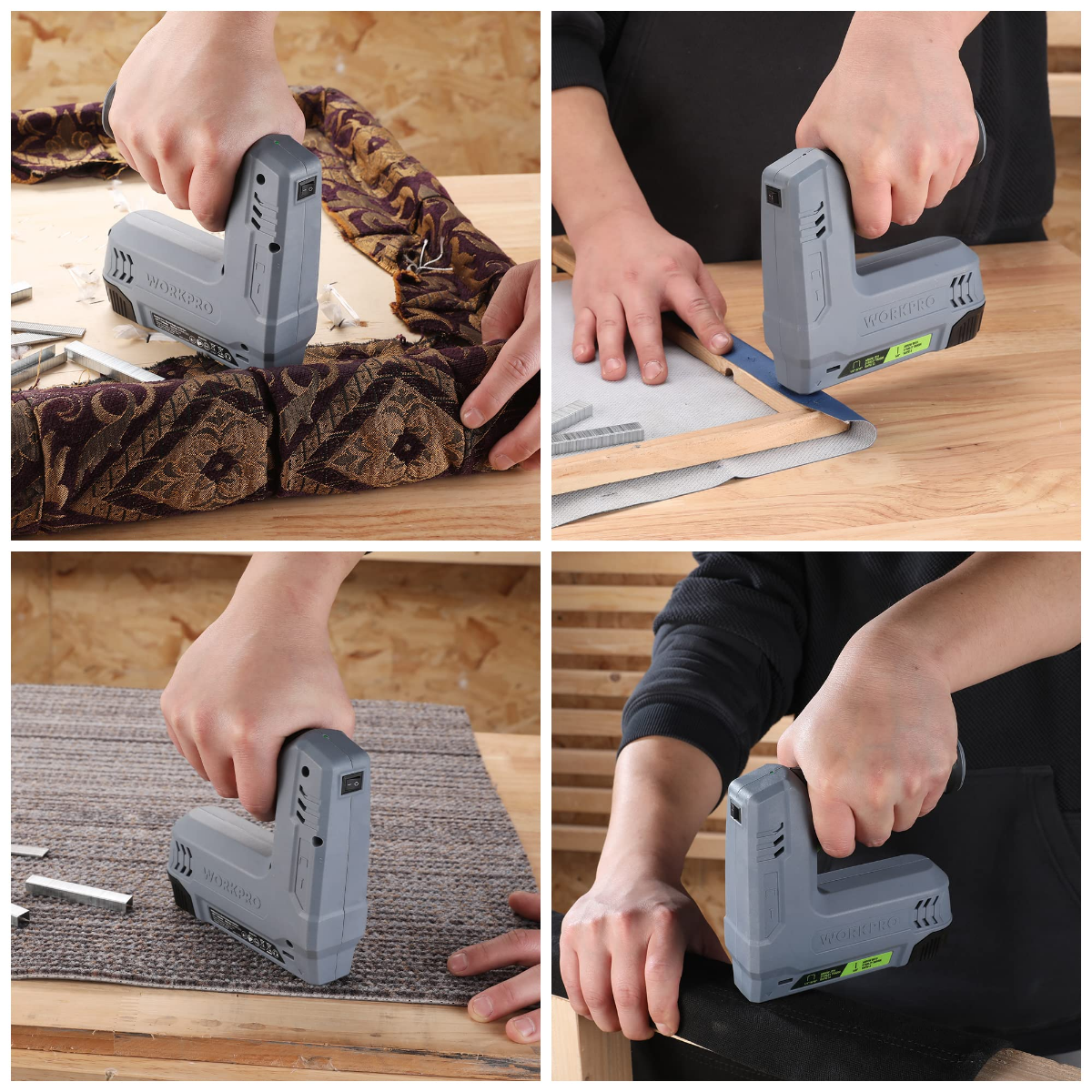 Gray cordless 2-in-1 staple and nail gun, held over wood with green charge display.