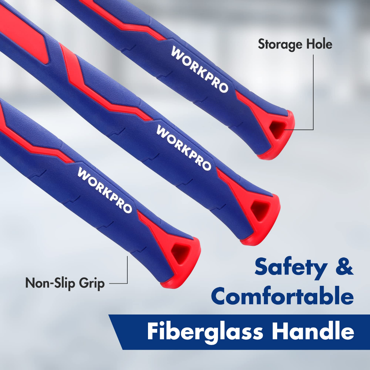 WORKPRO hammer handles with non-slip grip, red end caps, and storage hole