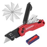 Red folding utility knife with black blade, blade storage, and spare blade box