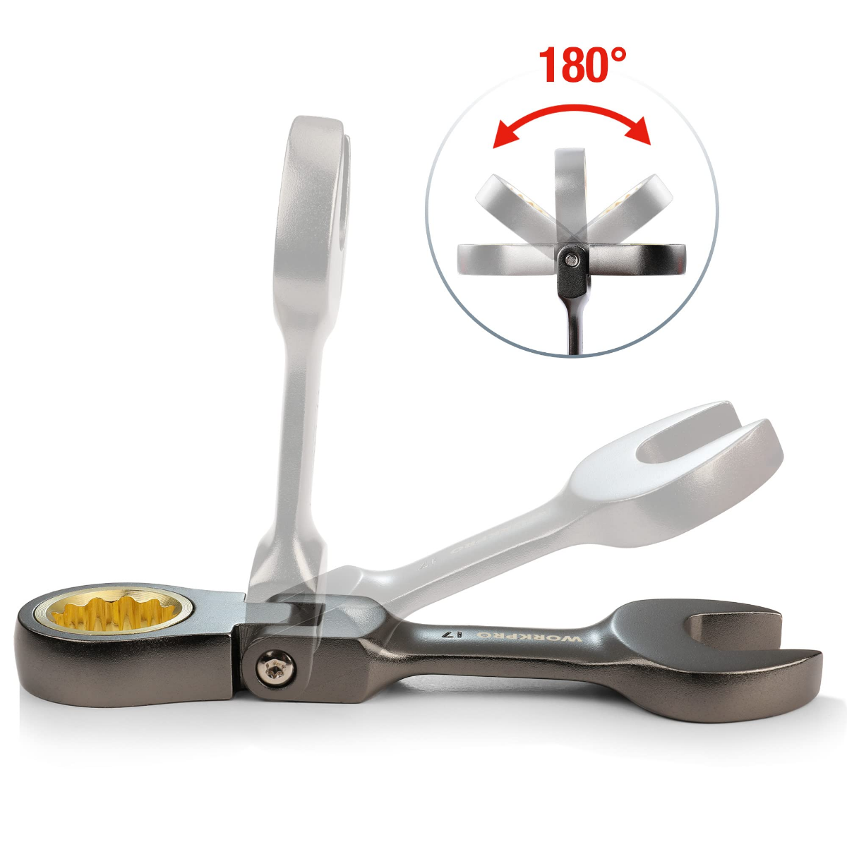 Stubby ratcheting combination wrench with 180° swing open-end jaw
