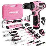 Pink drill driver kit with charging adapter, bits, hand tools, and pink carrying case
