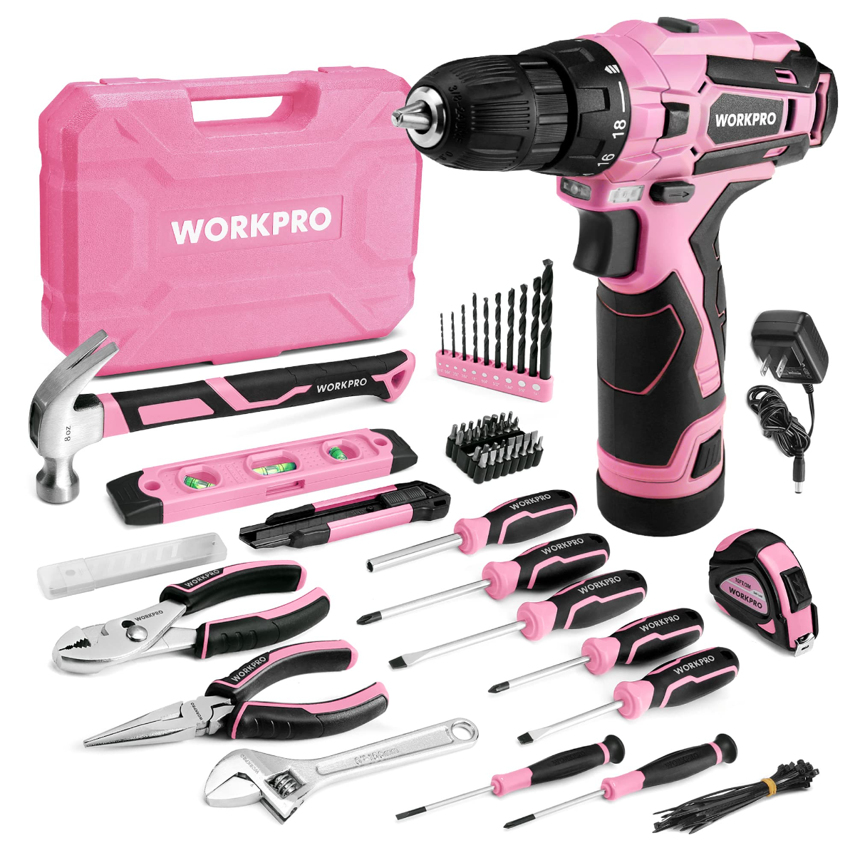 Pink drill driver kit with charging adapter, bits, hand tools, and pink carrying case