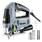 Corded electric jigsaw tool with green handle, black grip, and metal base