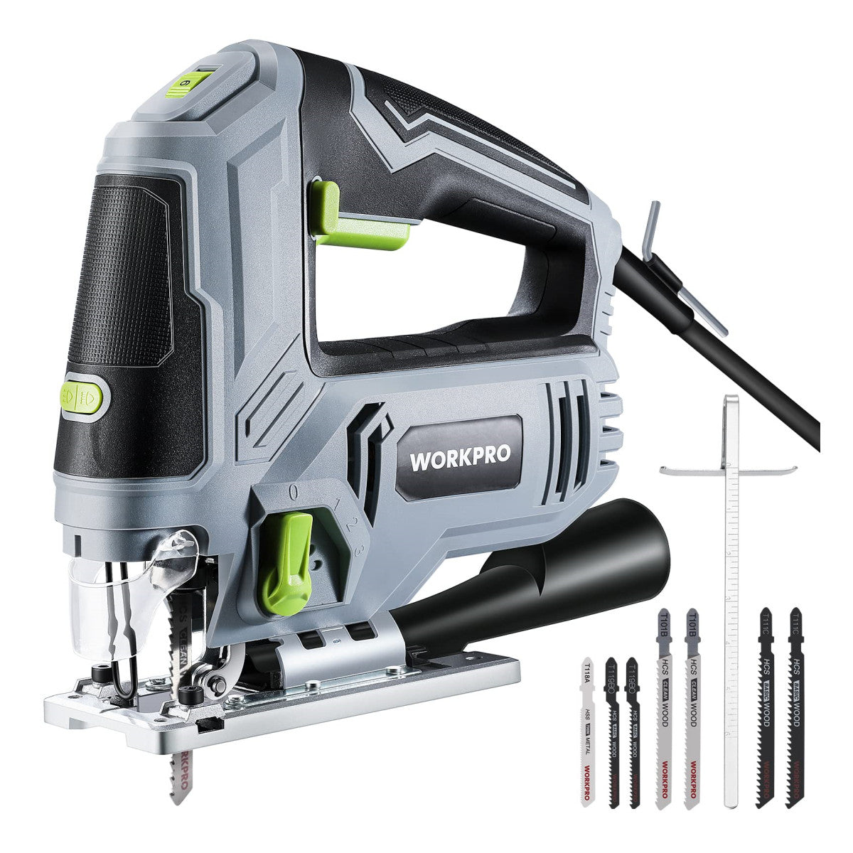 Corded electric jigsaw tool with green handle, black grip, and metal base