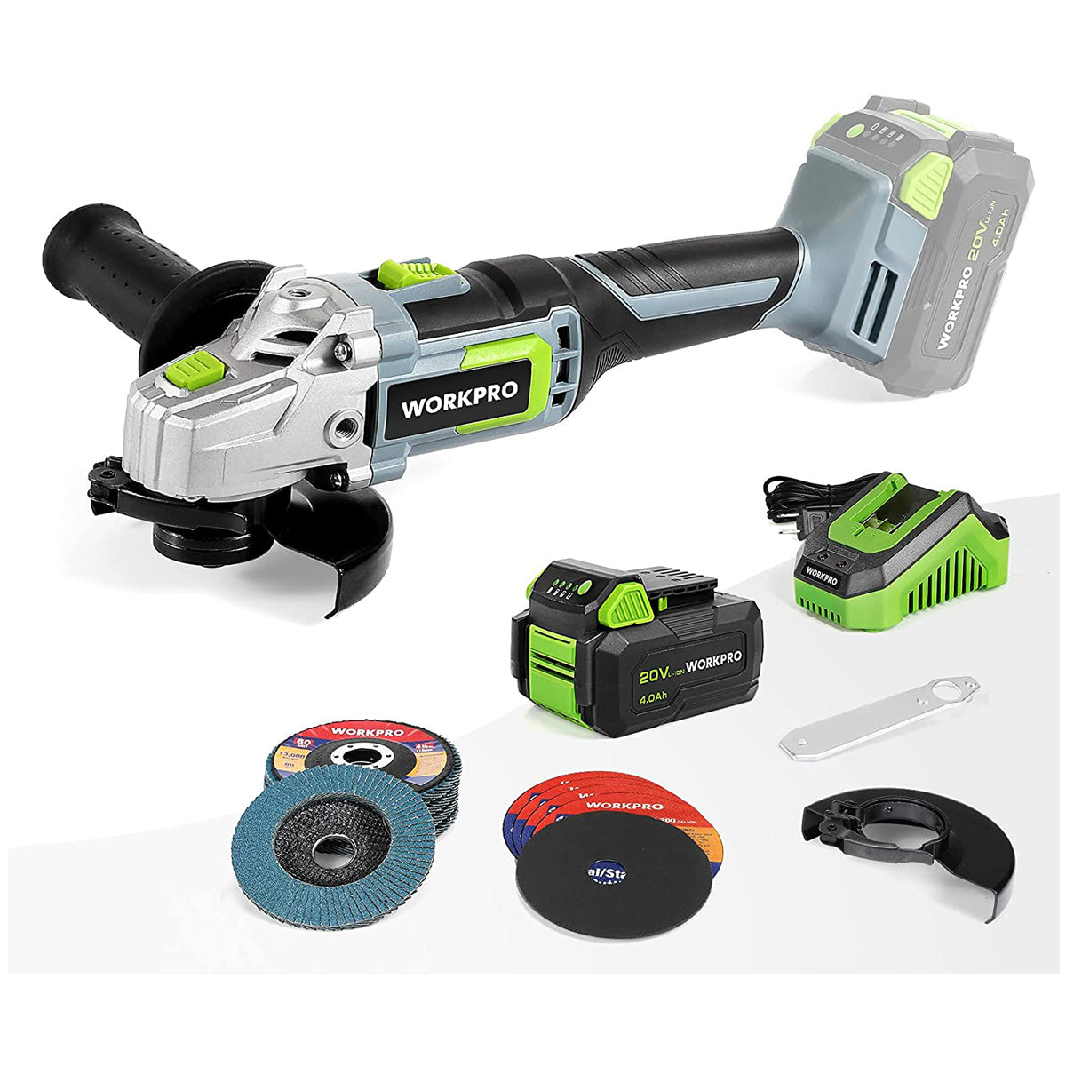WORKPRO 20V Cordless Angle Grinder Kit, 4-1/2 Inch, Lightweight Angle Grinder Tool w/ 4.0Ah Lithium-Ion Battery & Fast Charger