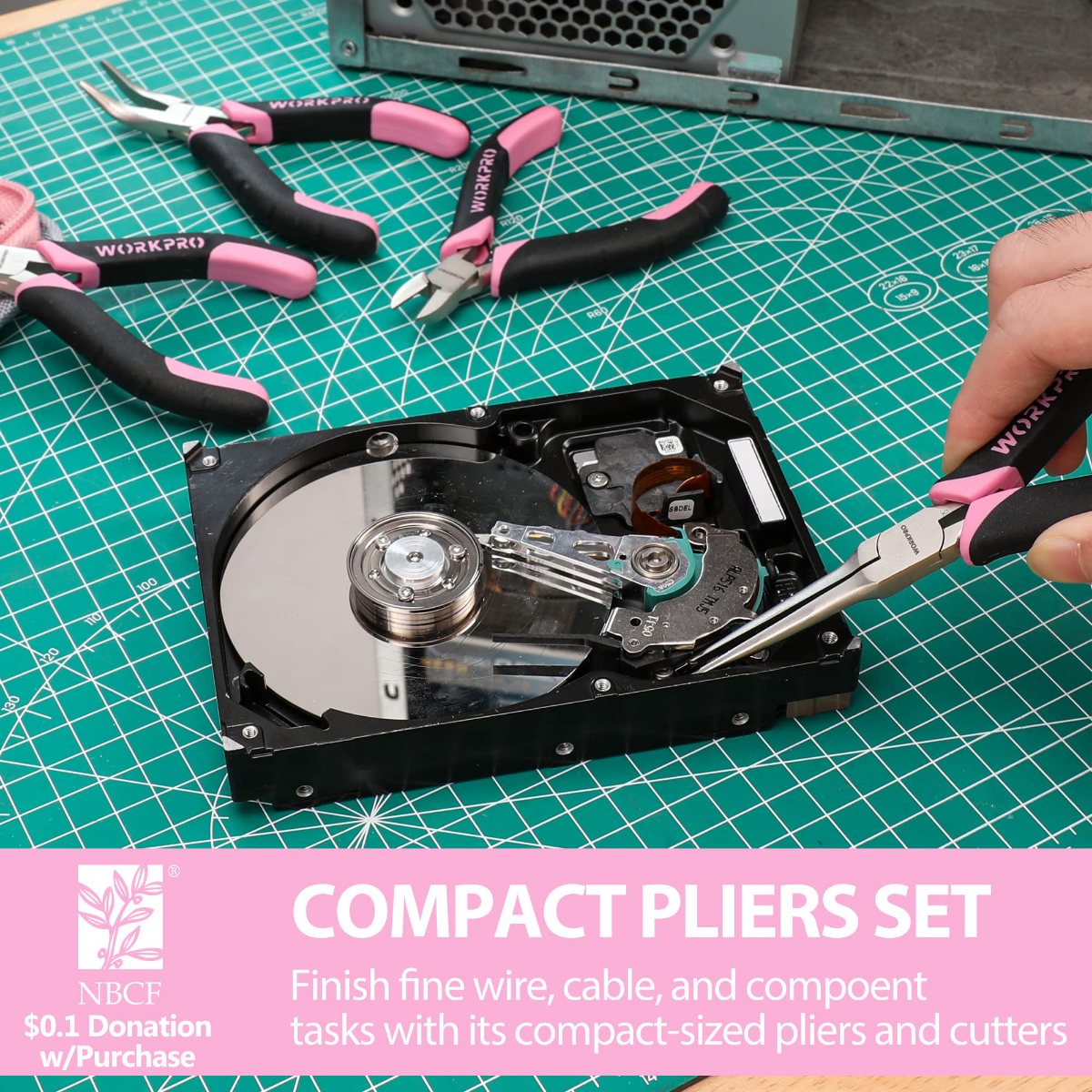 Compact pliers set with pink-handled cutters and tweezers over an open device on mat