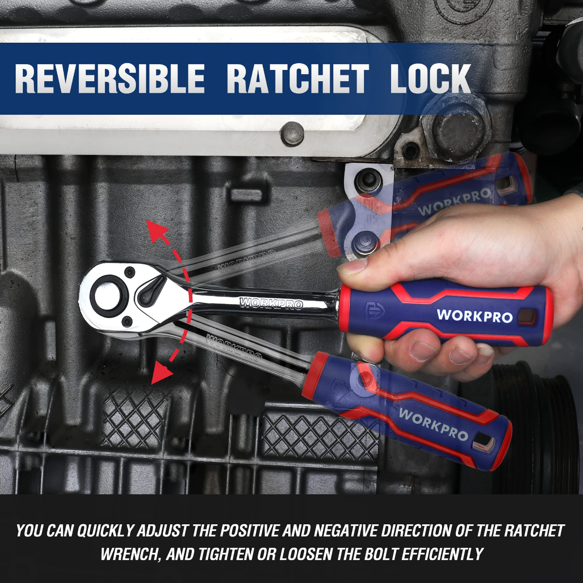 Hand holding ratchet wrench with chrome socket drive; blue-and-red ergonomic handle