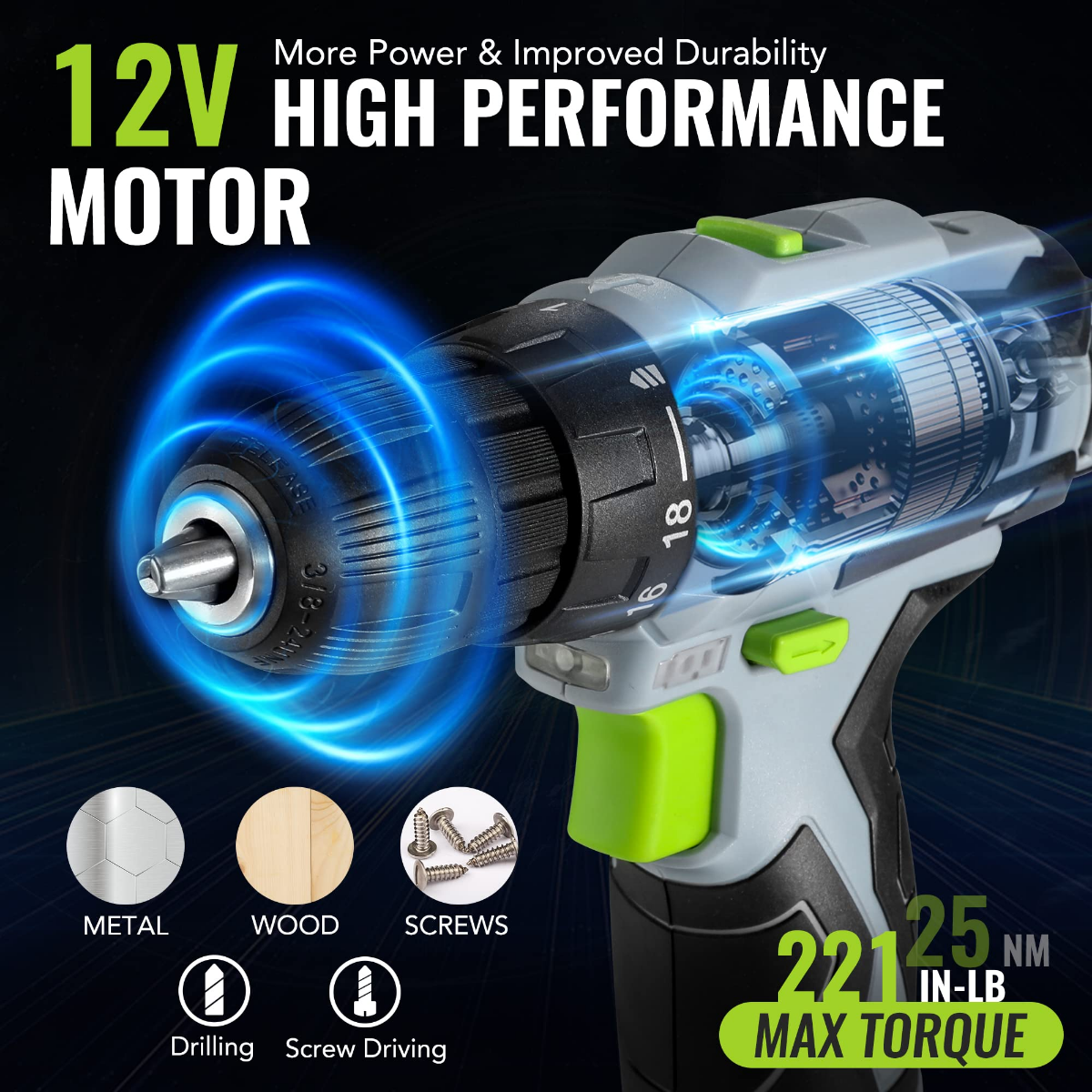 High-performance 12V cordless drill driver with green accents and illuminated motor