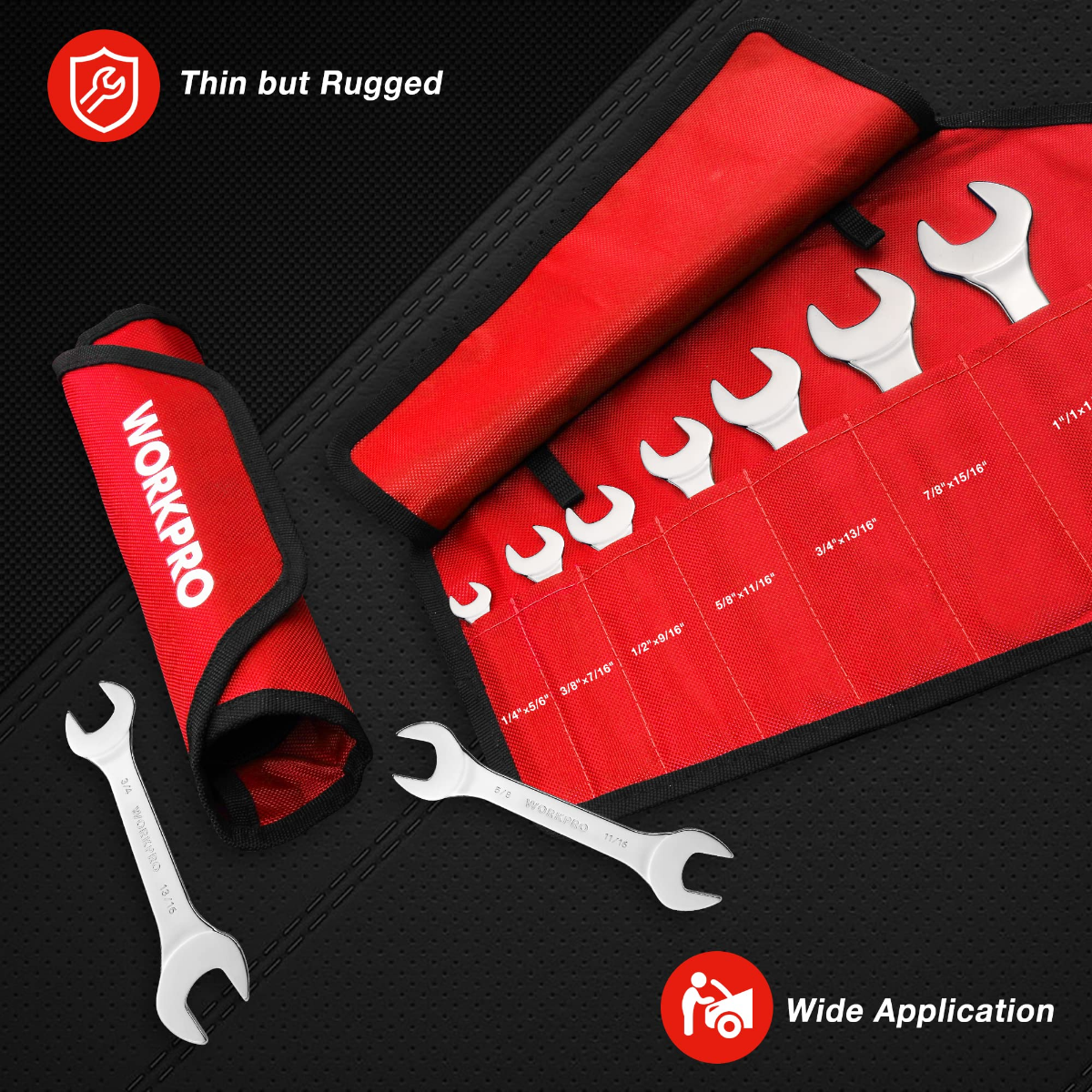 Red organizer pouch with chrome metric open-end wrenches fitted in holders.