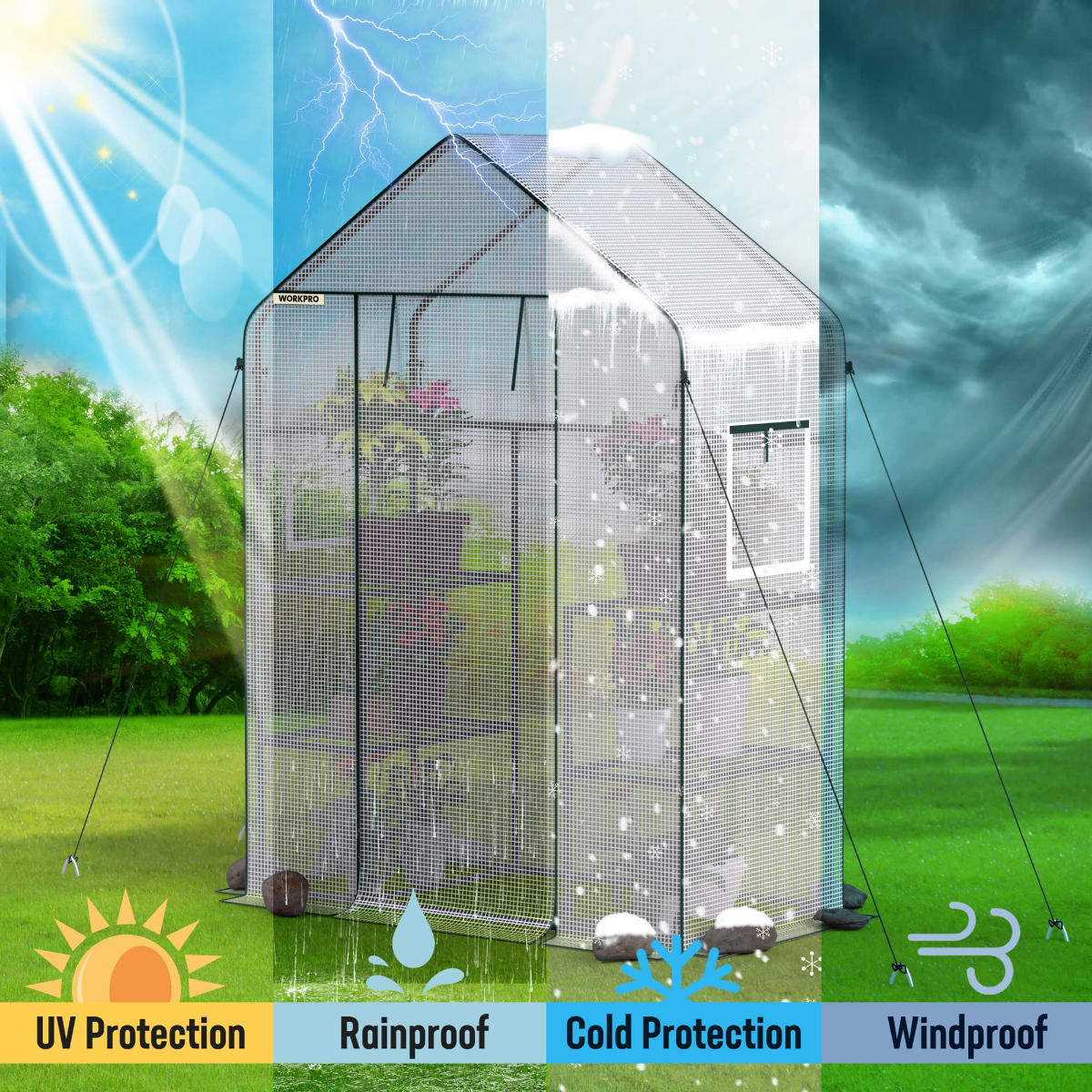 Portable walk-in greenhouse with clear PE cover and green metal frame, weather protection