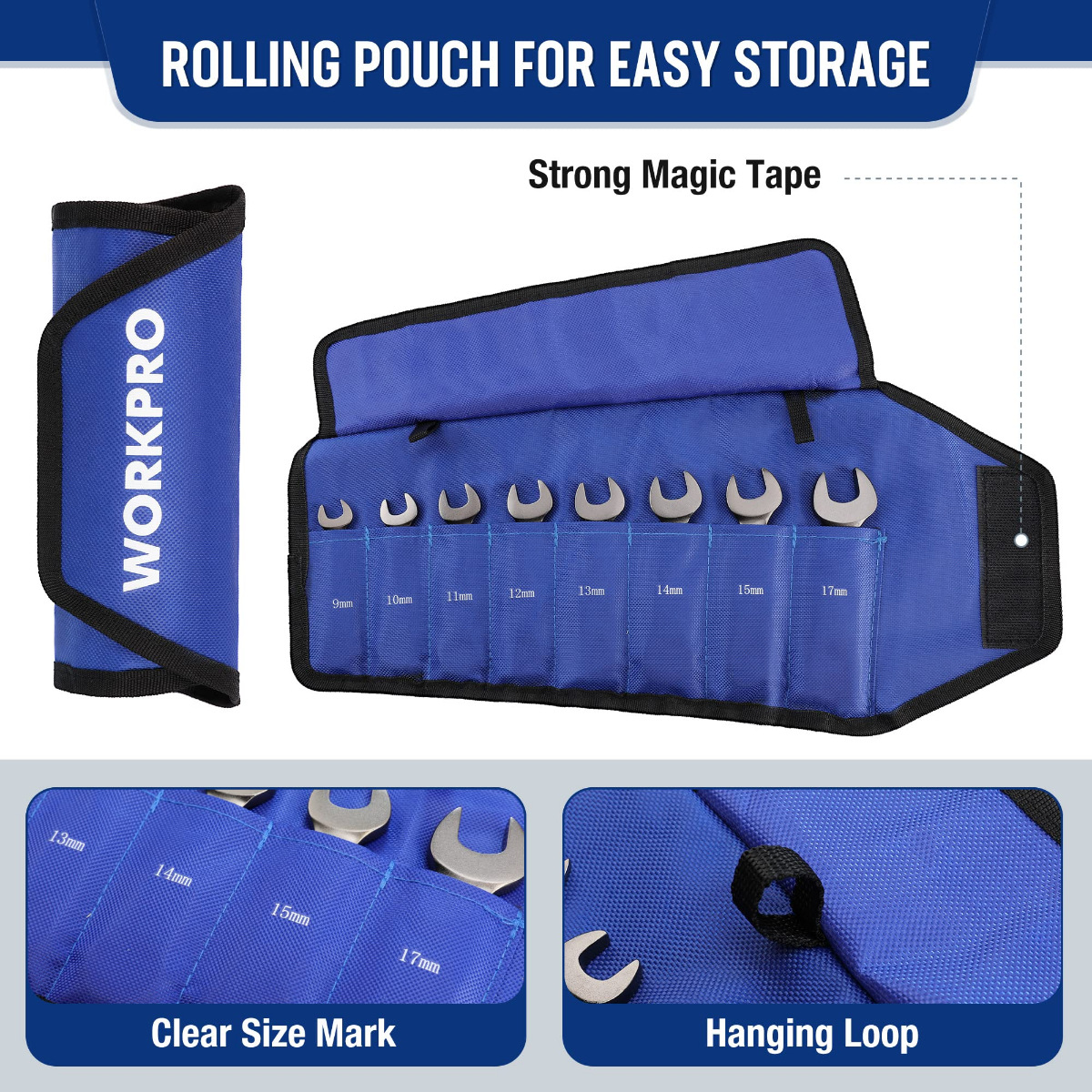 Blue wrench roll pouch with 8 slots for stubby ratcheting combination wrenches