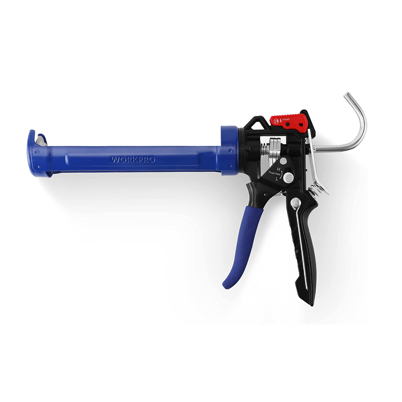WORKPRO adjustable caulking gun with blue barrel and black trigger handle