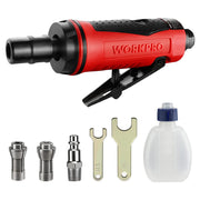 Air die grinder with black front, red body, and included collets plus lubricant bottle