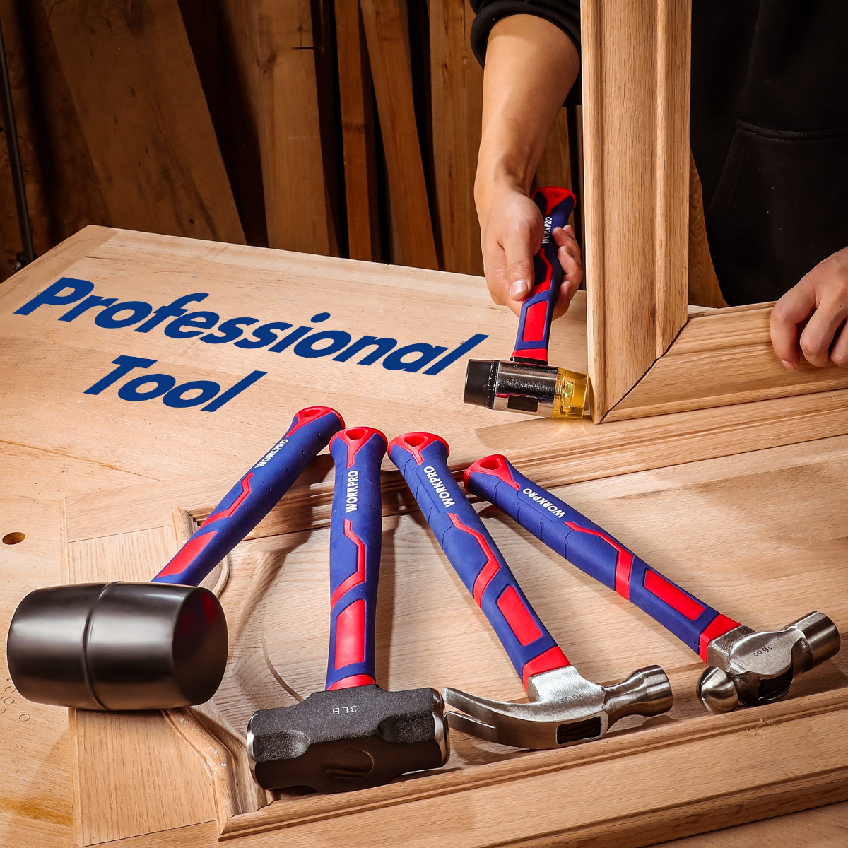 WORKPRO hammer set with metal heads and blue-and-red handles on a wooden workbench