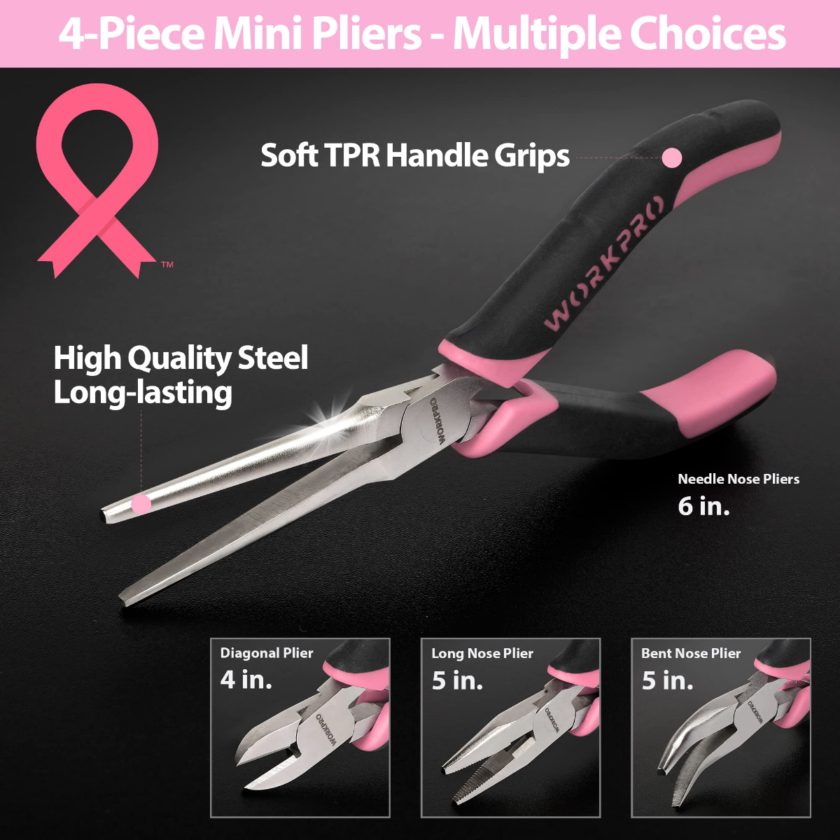 Steel mini pliers with black grips and pink accents, including needle nose and diagonal types