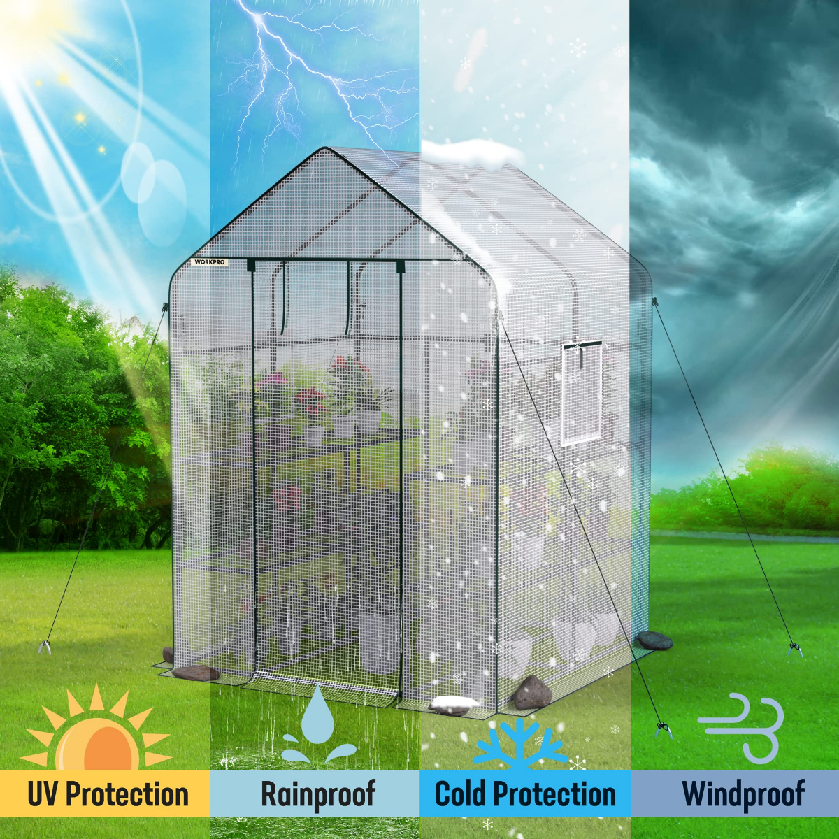 Portable walk-in greenhouse with mesh cover and green frame, weather protection infographic