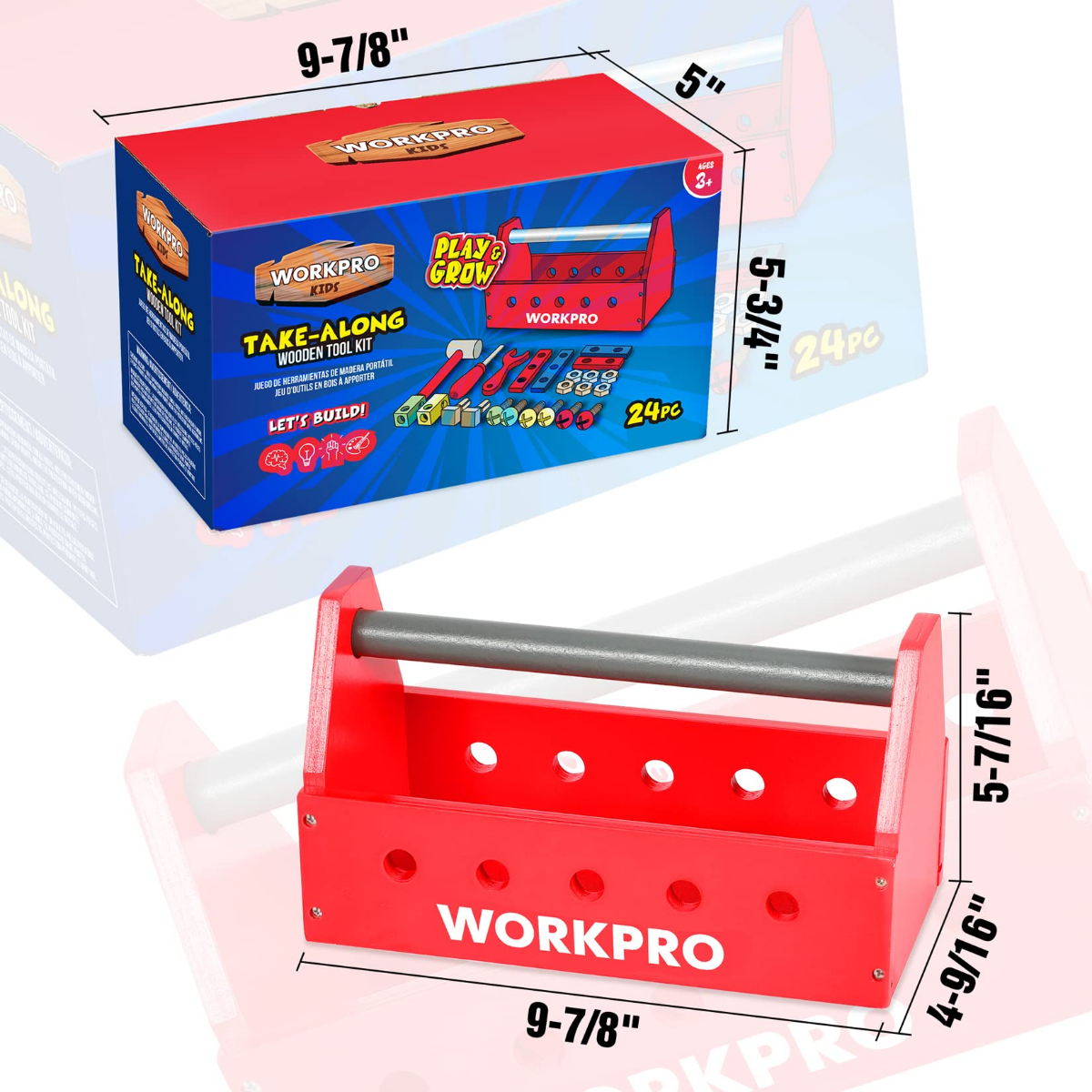 WORKPRO wooden tool kit box and red tool tray with black handle bar