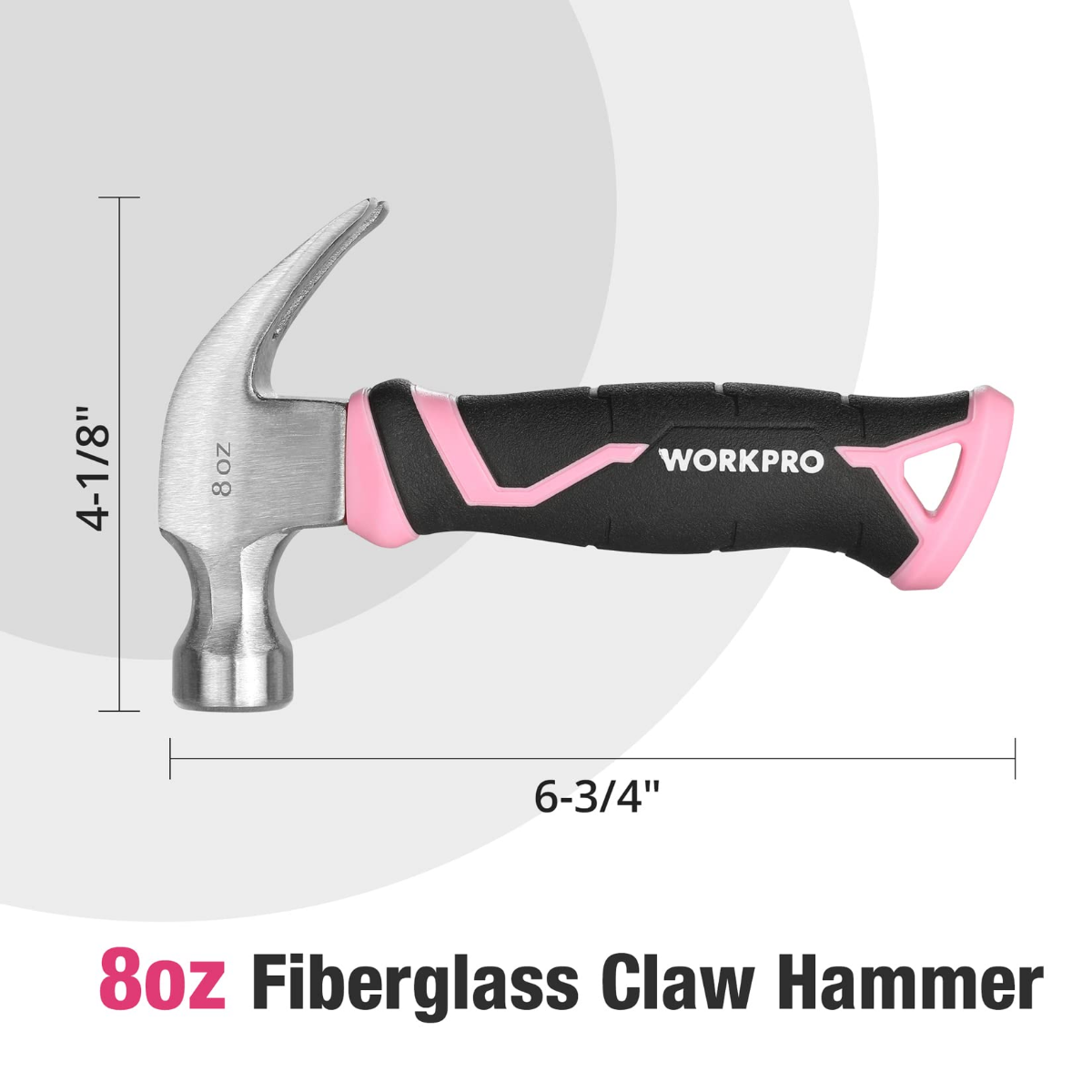 8 oz claw hammer, black fiberglass handle with pink end cap; 6-3/4 in length.