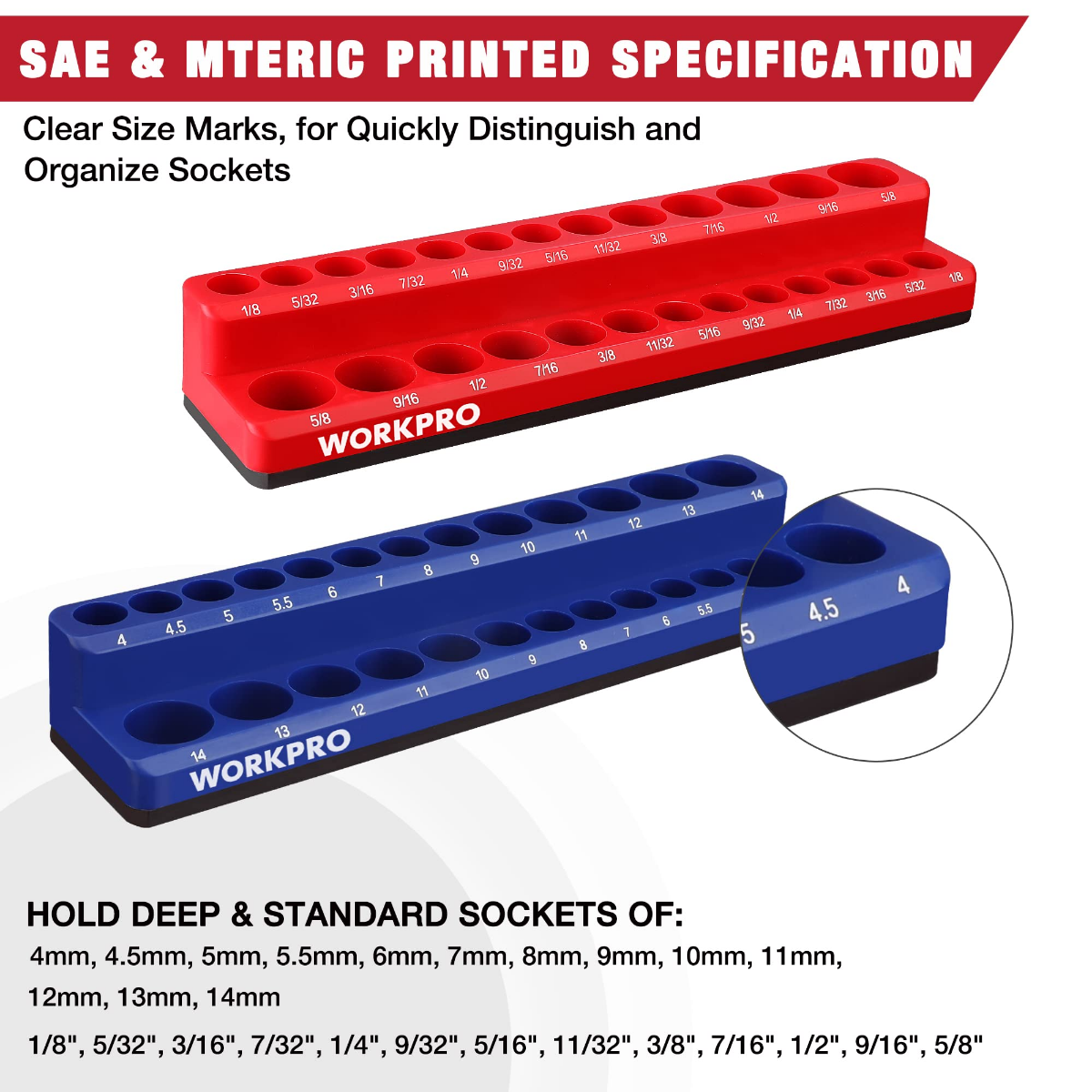 Red and blue magnetic socket organizer bars with labeled size openings