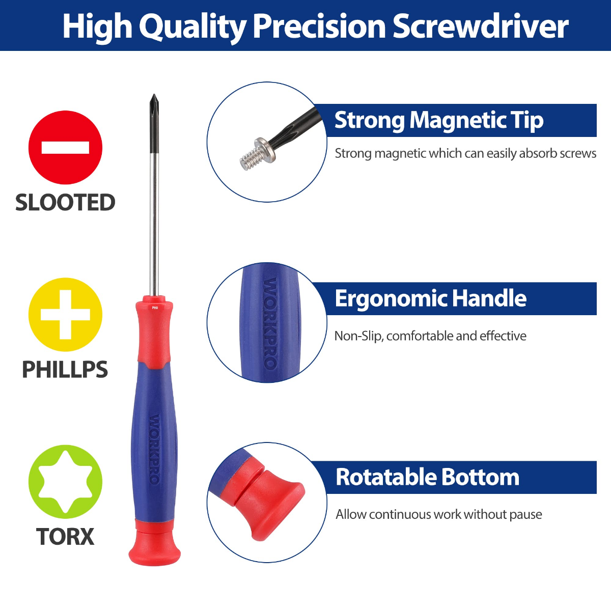 Blue and red precision screwdriver with magnetic tip and rotatable handle bottom