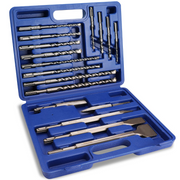 SDS-Plus chisel and rotary bit set in blue plastic case with 17 metal tools