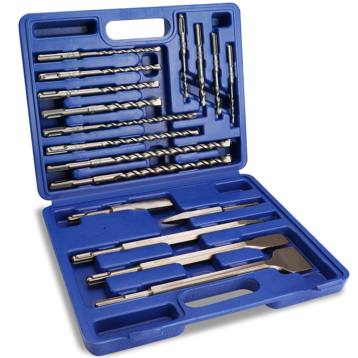 SDS-Plus chisel and rotary bit set in blue plastic case with 17 metal tools