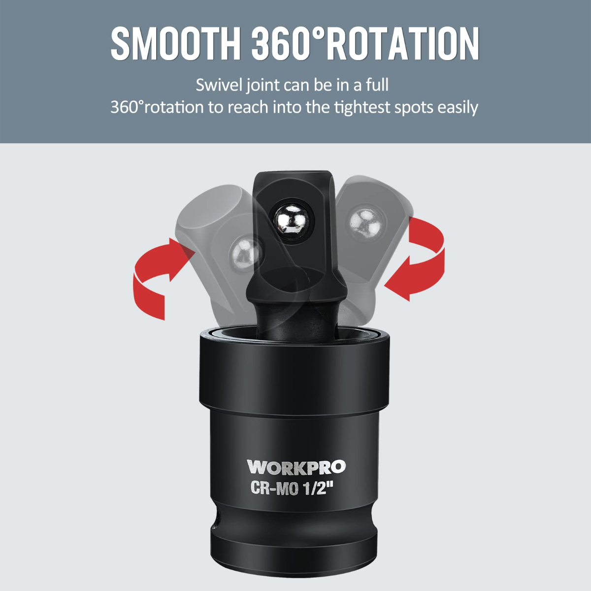 Black universal joint socket with 360° swivel action for impact drive use