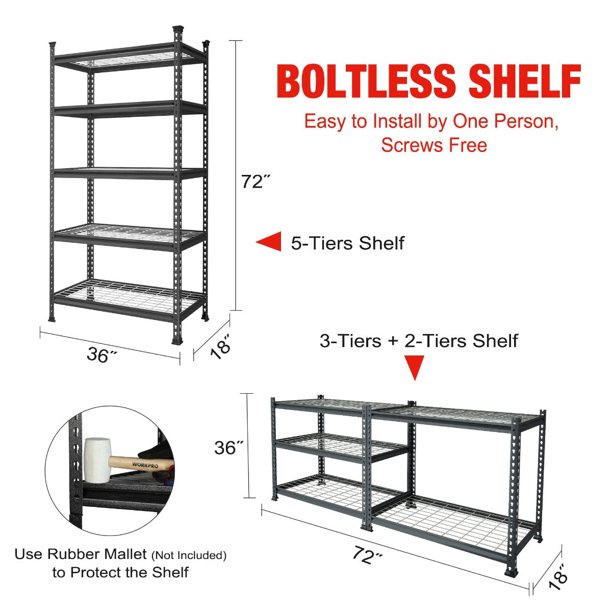 Black boltless 5-tier wire shelf rack with adjustable height and screw-free setup