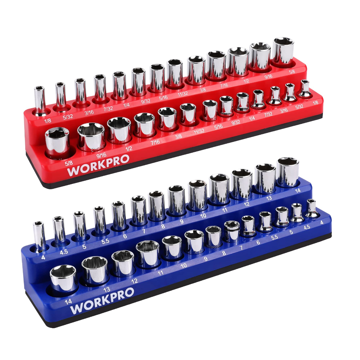 Magnetic socket organizer set with chrome sockets arranged on red and blue trays