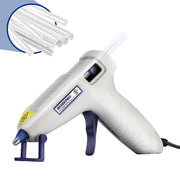 White mini hot glue gun with blue trigger stands and clear glue nozzle