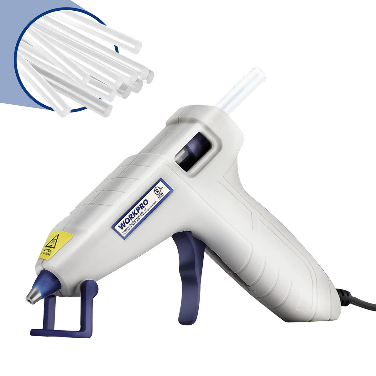 White mini hot glue gun with blue trigger stands and clear glue nozzle
