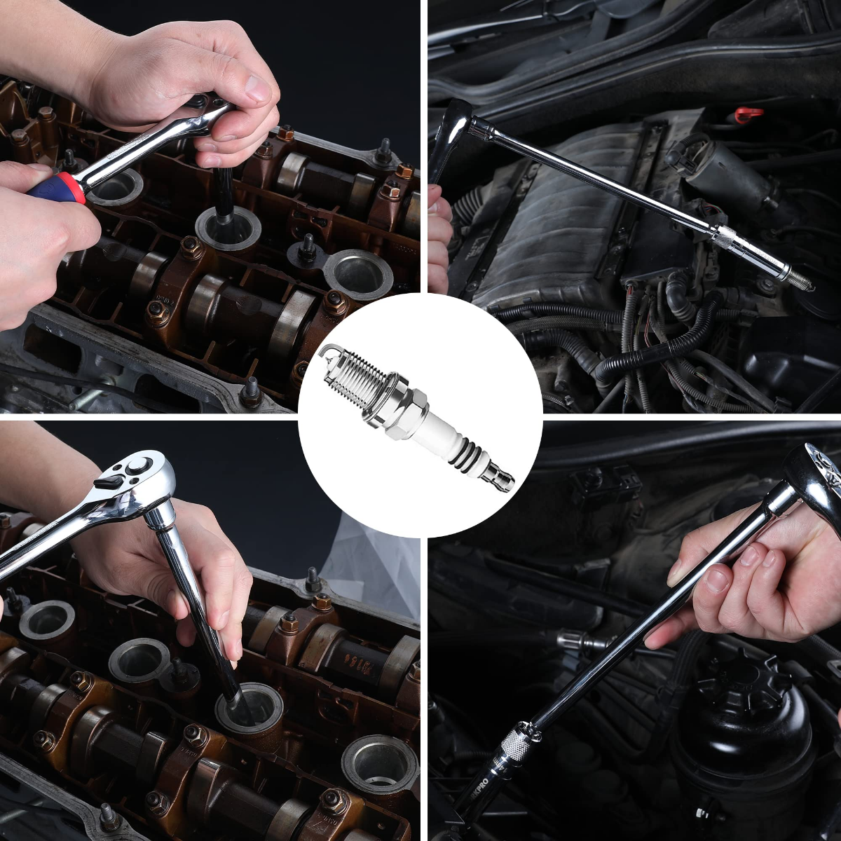 Swivel spark plug socket extension being used on a spark plug in an engine bay.