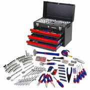 Black 3-drawer metal mechanics tool chest with red drawers and assorted tools