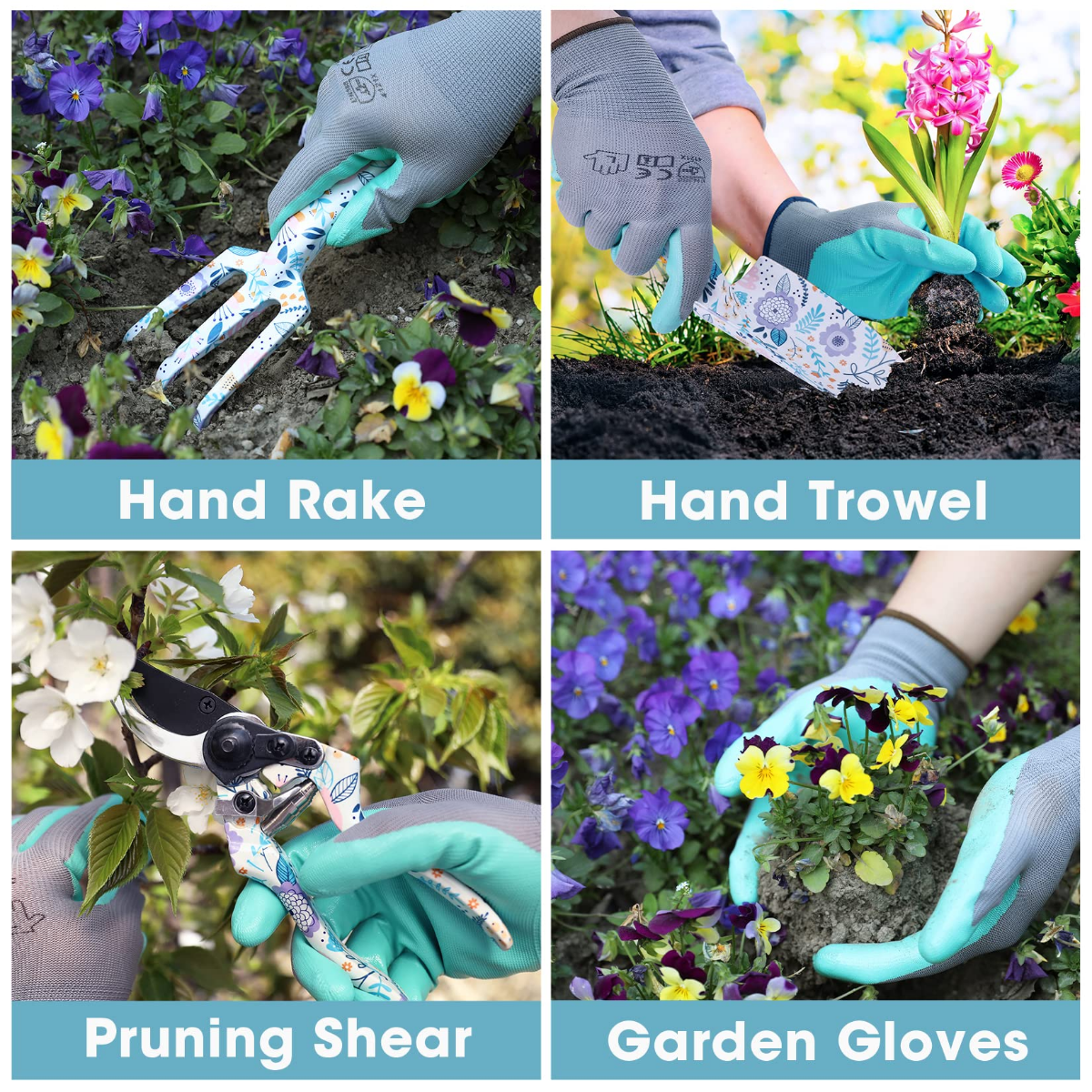 Nitrile-coated garden gloves with floral hand rake, hand trowel, and pruning shears