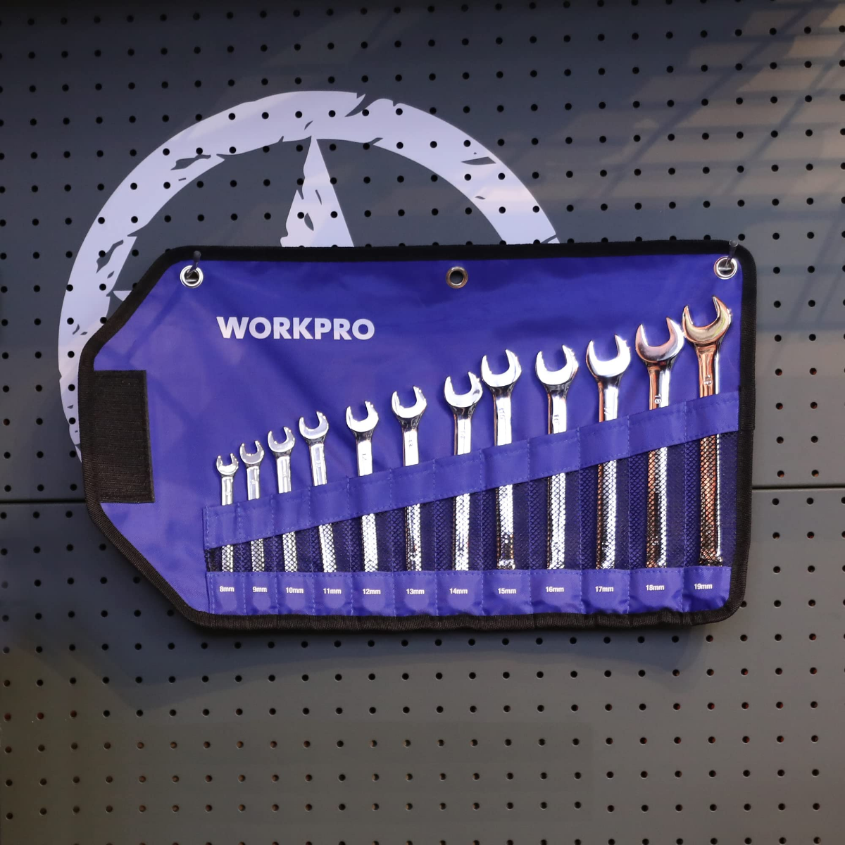 Blue WORKPRO wrench roll-up organizer holding 12 combination wrenches