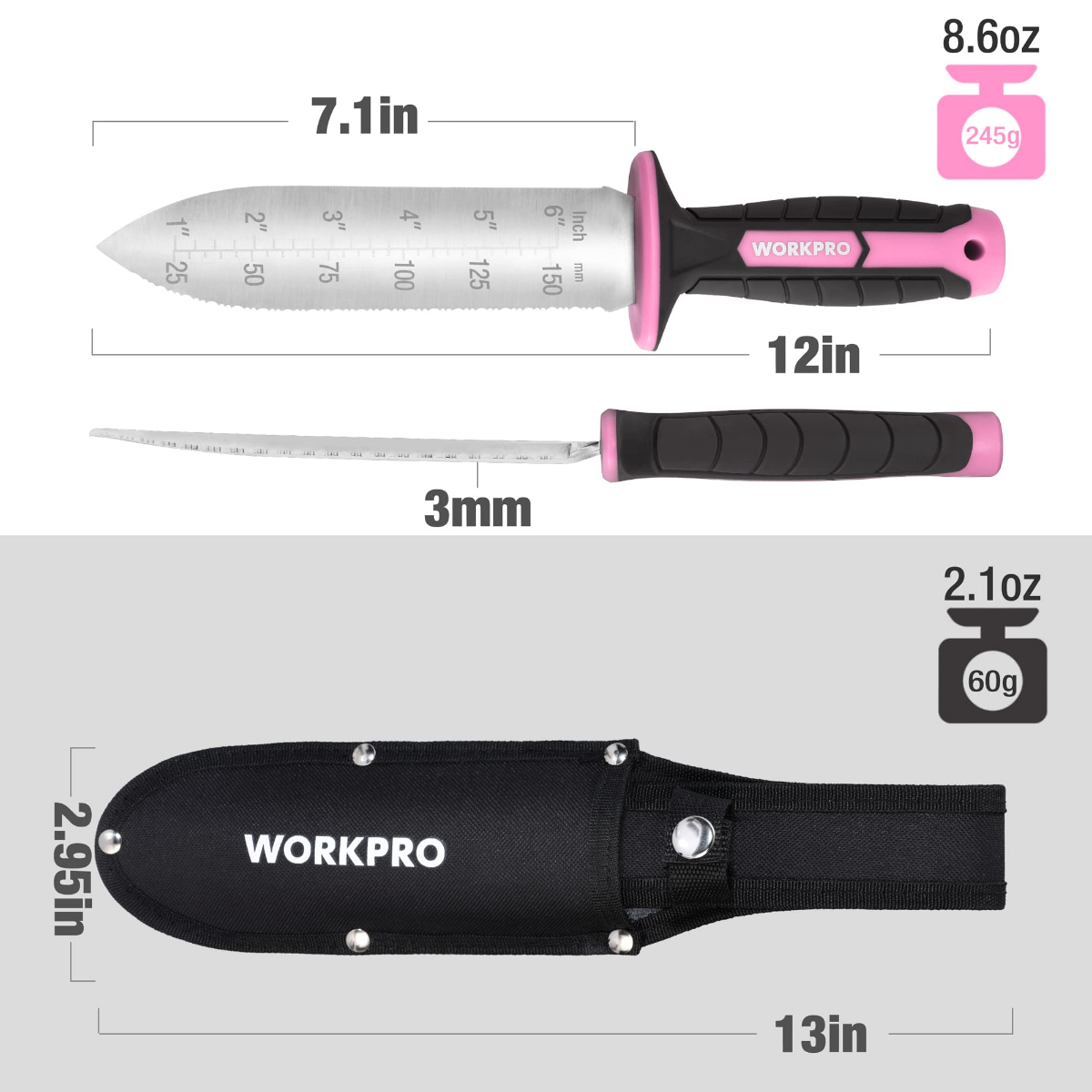 WORKPRO garden knife size chart: 7.1 in blade with 12 in pink handle and black sheath
