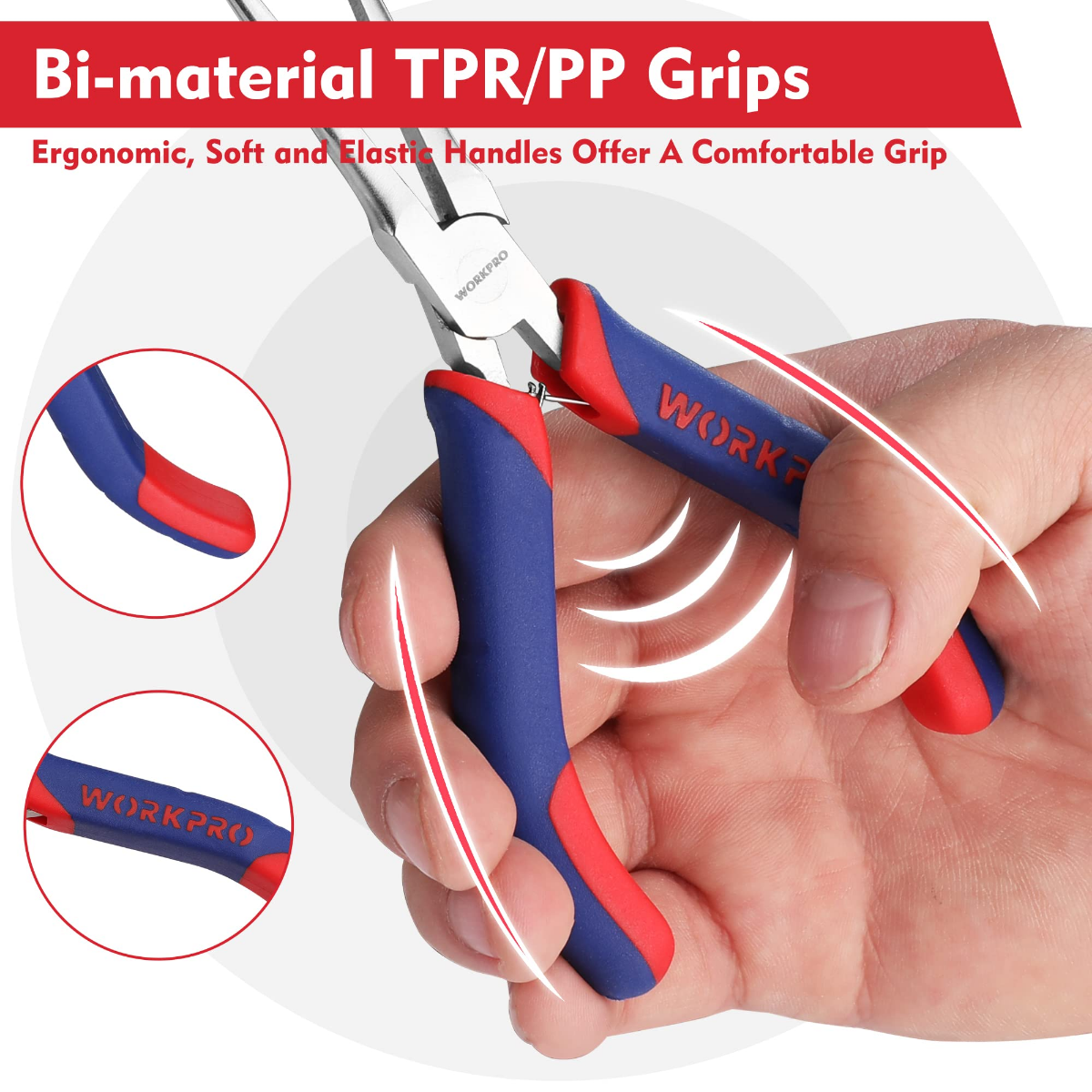 Close-up of needle nose pliers showing red-blue bi-material comfort grips and jaws