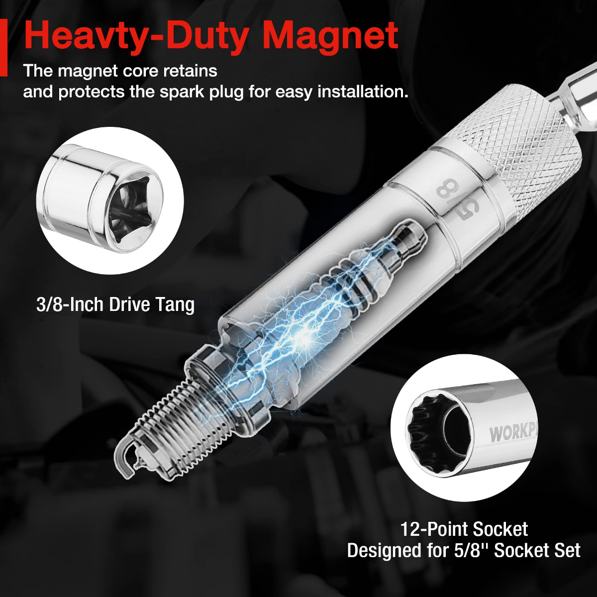 Magnetic spark plug socket with 3/8 drive and 12-point socket end