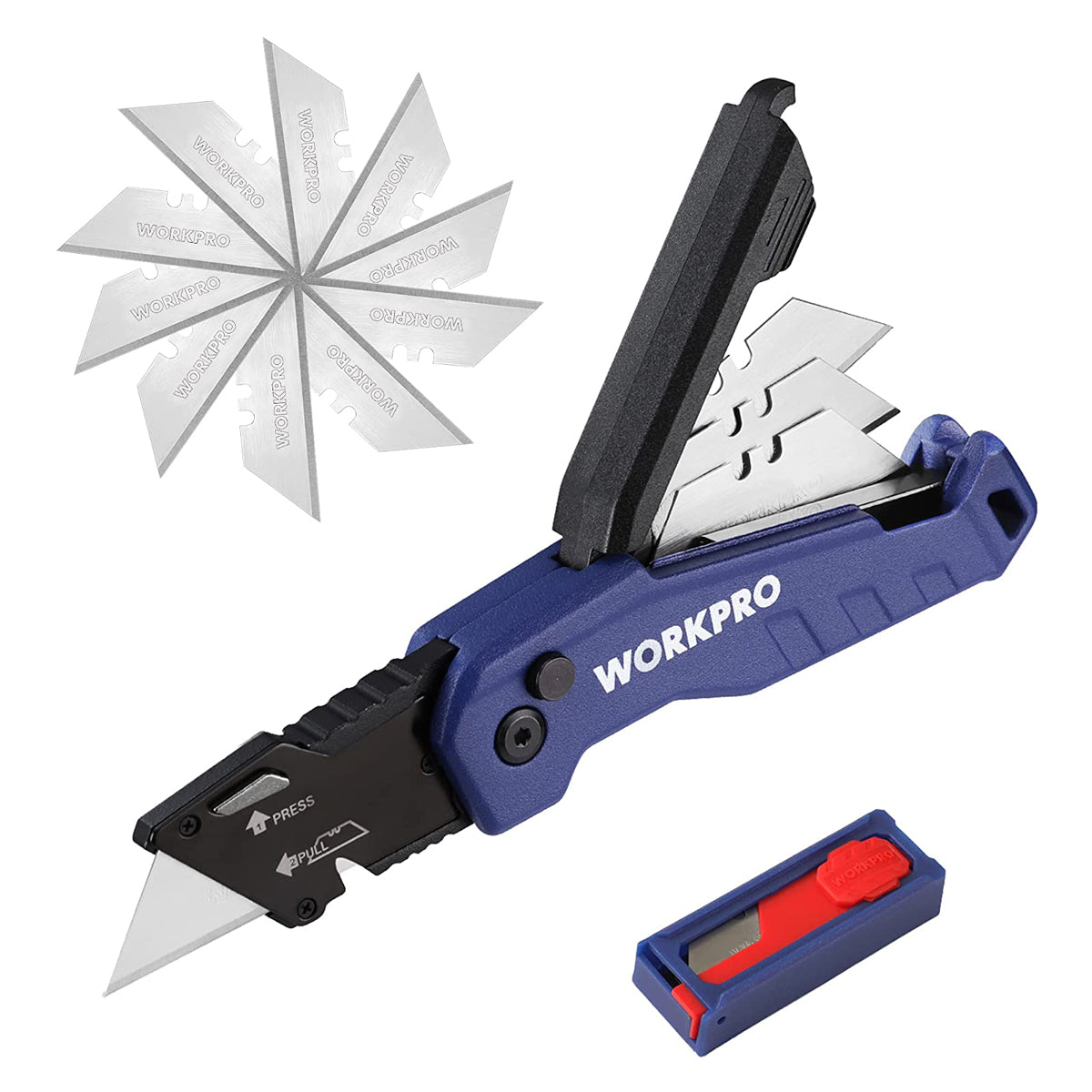 Blue folding utility knife with black blade and included spare blade holder